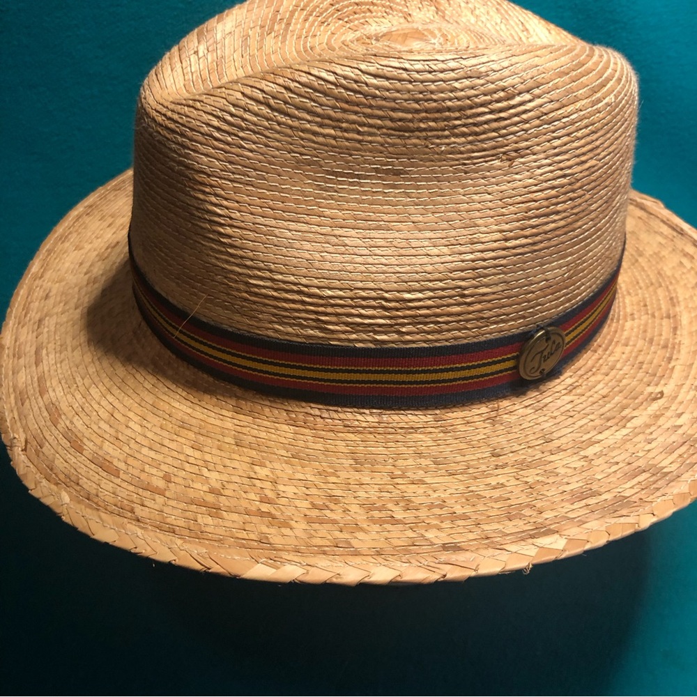 Tula of Austin, TX Straw Fedora w Striped Ribbon Band w Tula Medallion - Picture 2 of 12